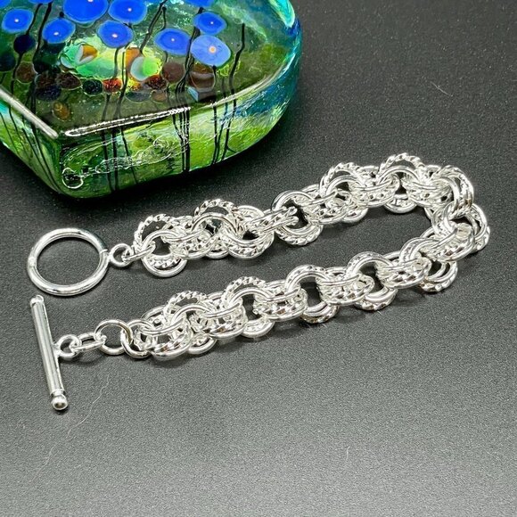 Sterling Silver 925 Alternating Texture Triple Link Chain Bracelet #1172 - Picture 4 of 8